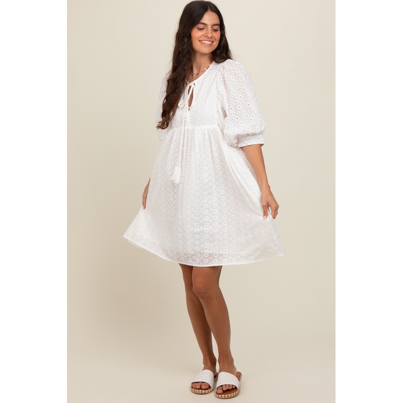 White Floral Eyelet Puff Sleeve Dress