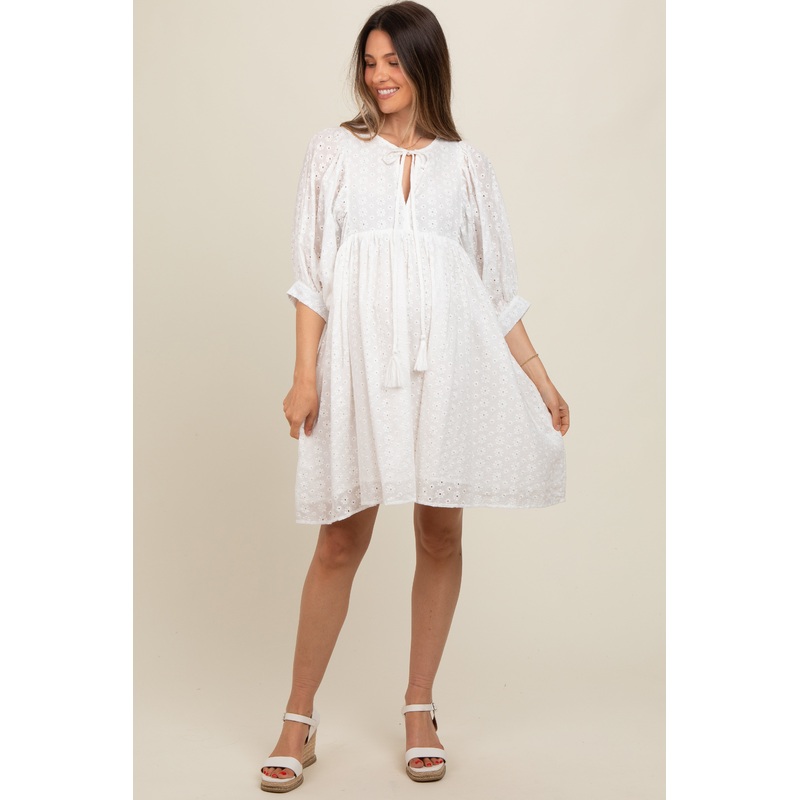 White Floral Eyelet Puff Sleeve Maternity Dress