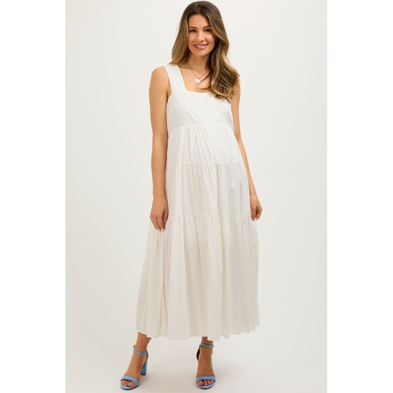 White Tiered Maternity Maxi Dress