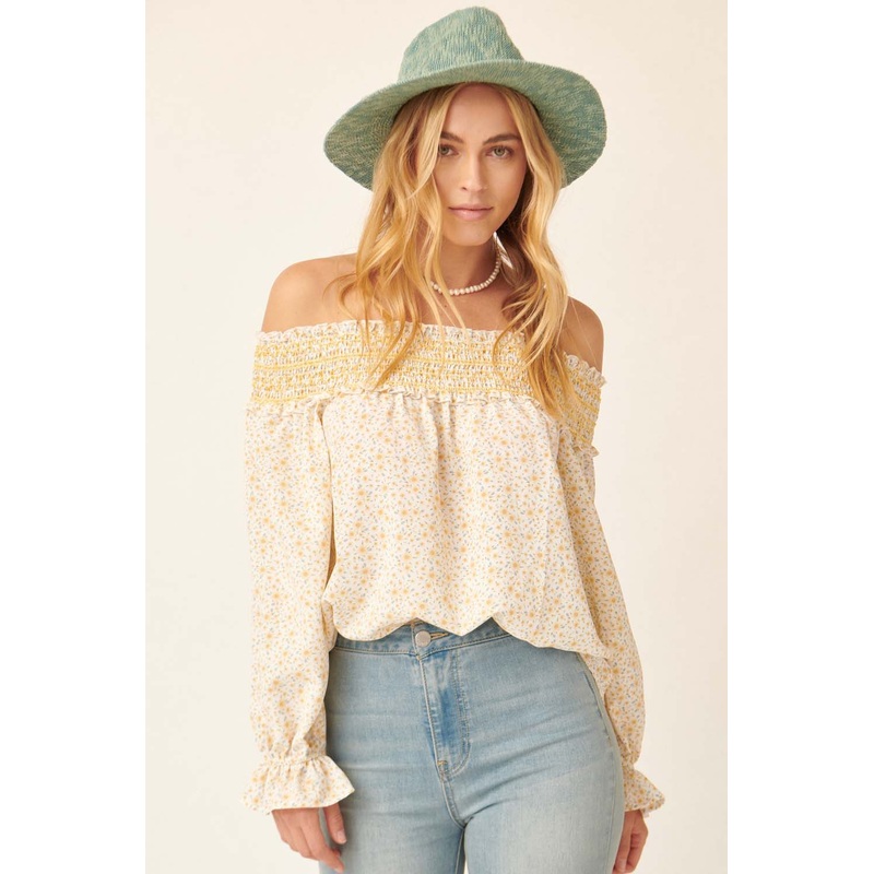 Yellow Floral Smocked Off Shoulder Relaxed Top