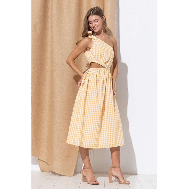 Yellow Plaid Sleeveless Midi Skirt Dress