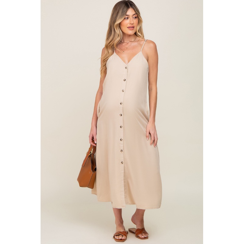 Beige Button Down Maternity Midi Tank Dress