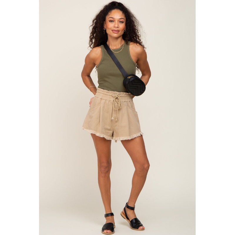 Beige Drawstring Frayed Hem Shorts