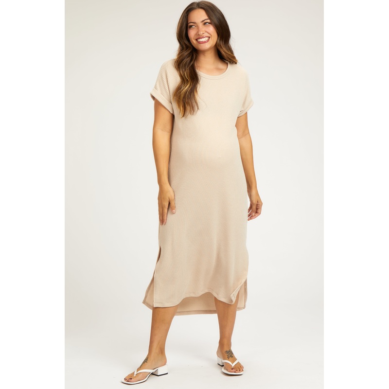 Beige Ribbed Short Sleeve Maternity Midi Dress