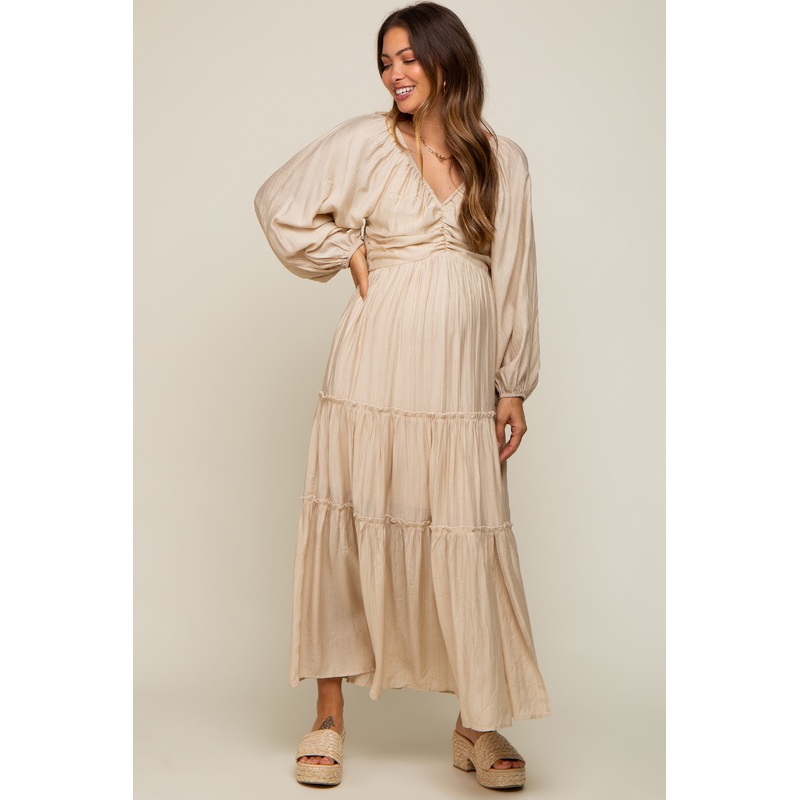 Beige Ruched Front Cutout Back Tiered Maternity Maxi Dress