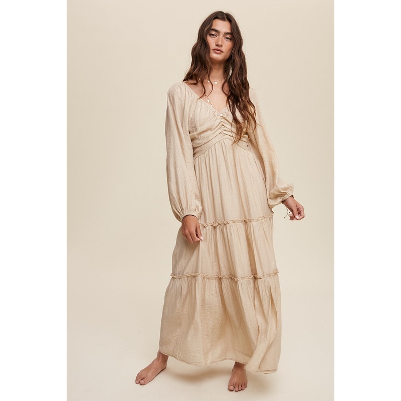 Beige Ruched Front Cutout Back Tiered Maxi Dress