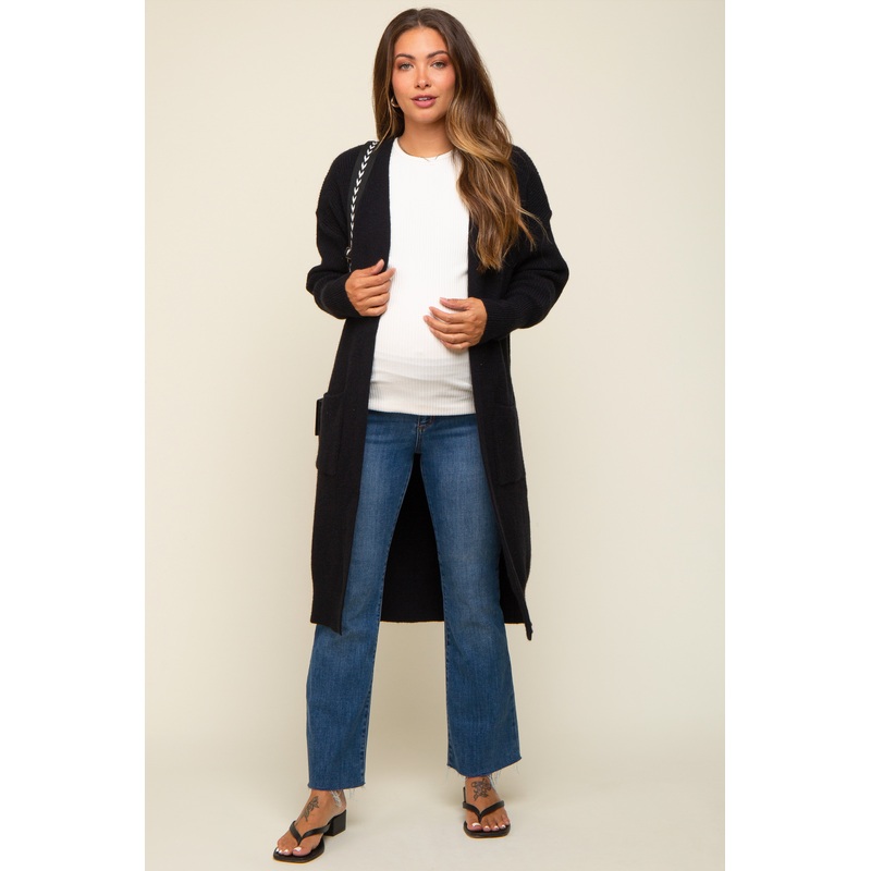 Black Chunky Knit Long Sweater Maternity Cardigan
