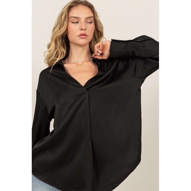 Black Collared V-Neck Satin Blouse