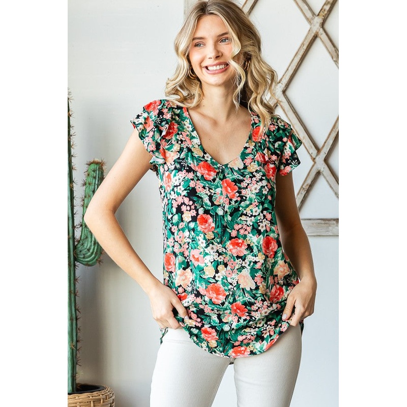 Black Floral Ruffle Cap Sleeve Top