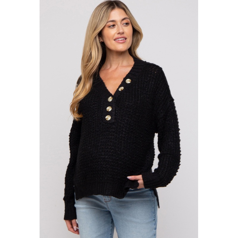 Black Henley Side Slit Maternity Sweater
