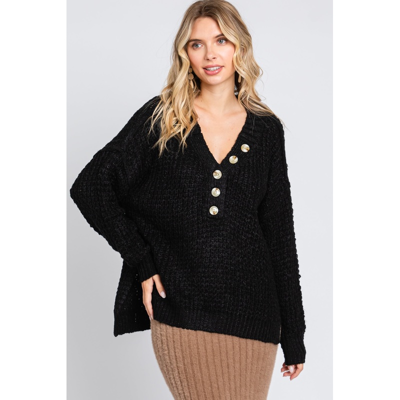 Black Henley Side Slit Sweater