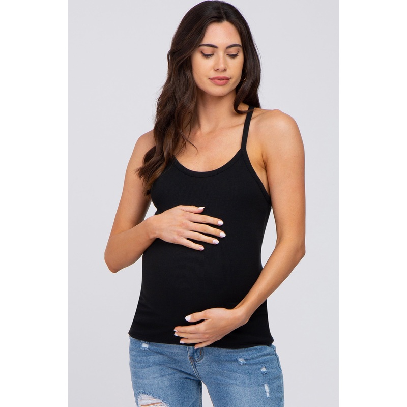 Black Ribbed Racerback Maternity Tank Top