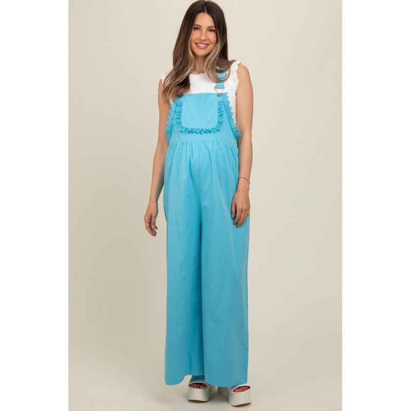 Blue Crochet Lace Trim Maternity Overalls