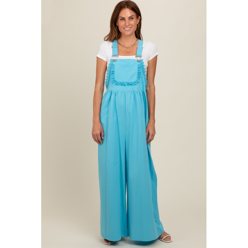 Blue Crochet Lace Trim Overalls