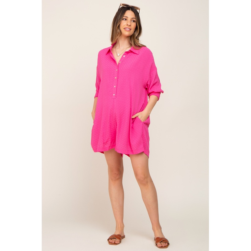 Fuchsia Jacquard Button Down Maternity Romper