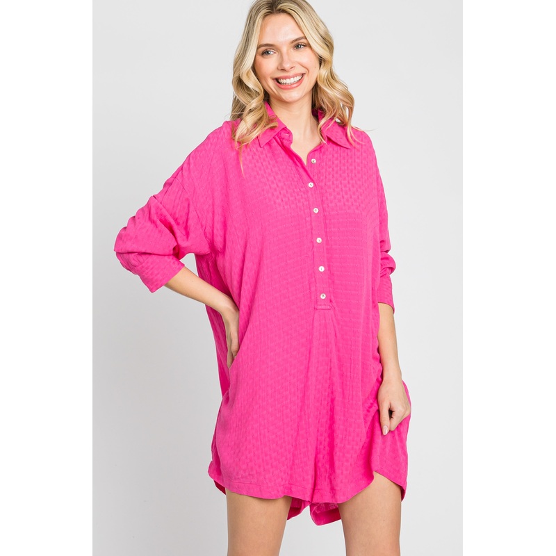 Fuchsia Jacquard Button Down Romper