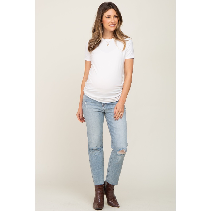 Light Blue Distressed Knee Straight Maternity Jeans