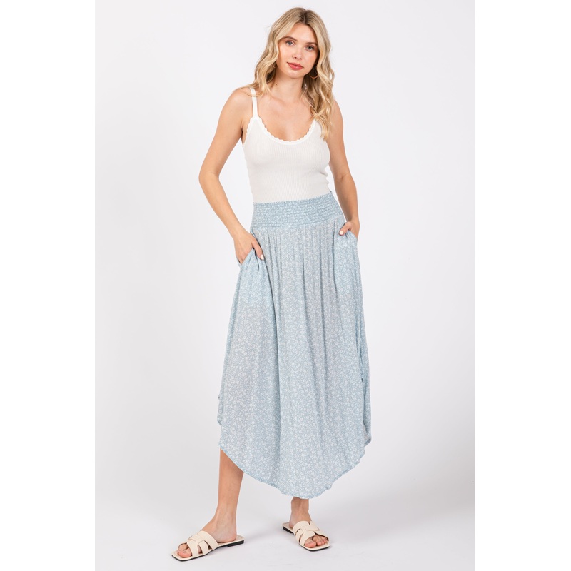 Light Blue Floral Smocked Waist Skirt