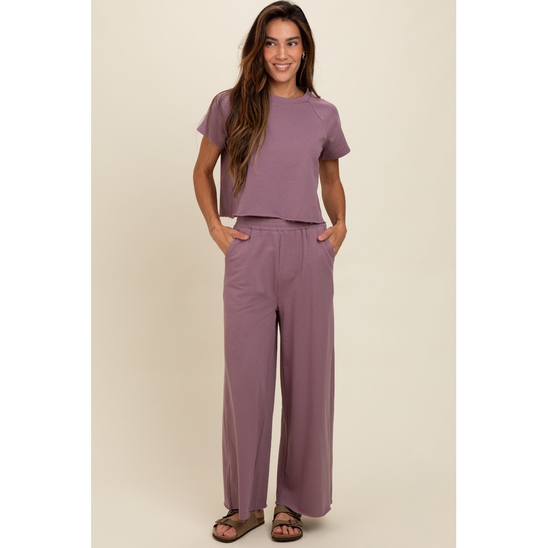 Mauve Basic Tee And Wide Leg Pant Set