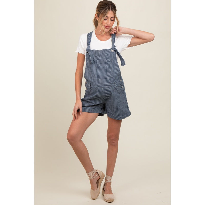 Navy Striped Front Pocket Short Maternity Overall