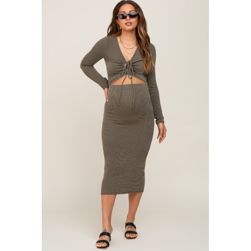 Olive Ribbed Front Cutout Two Piece Maternity Skirt Set