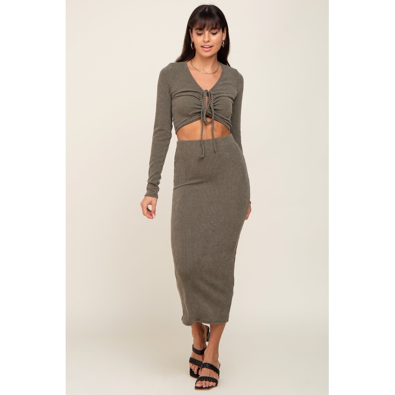 Olive Ribbed Front Cutout Two Piece Skirt Set