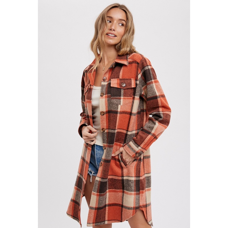 Rust Plaid Fleece Long Shirt Jacket