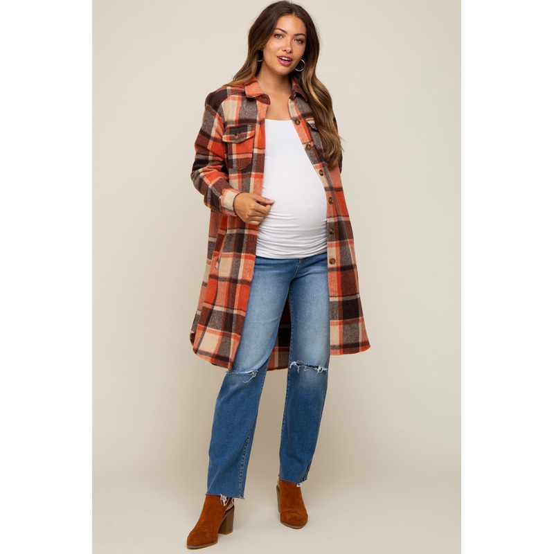 Rust Plaid Fleece Maternity Long Shirt Jacket