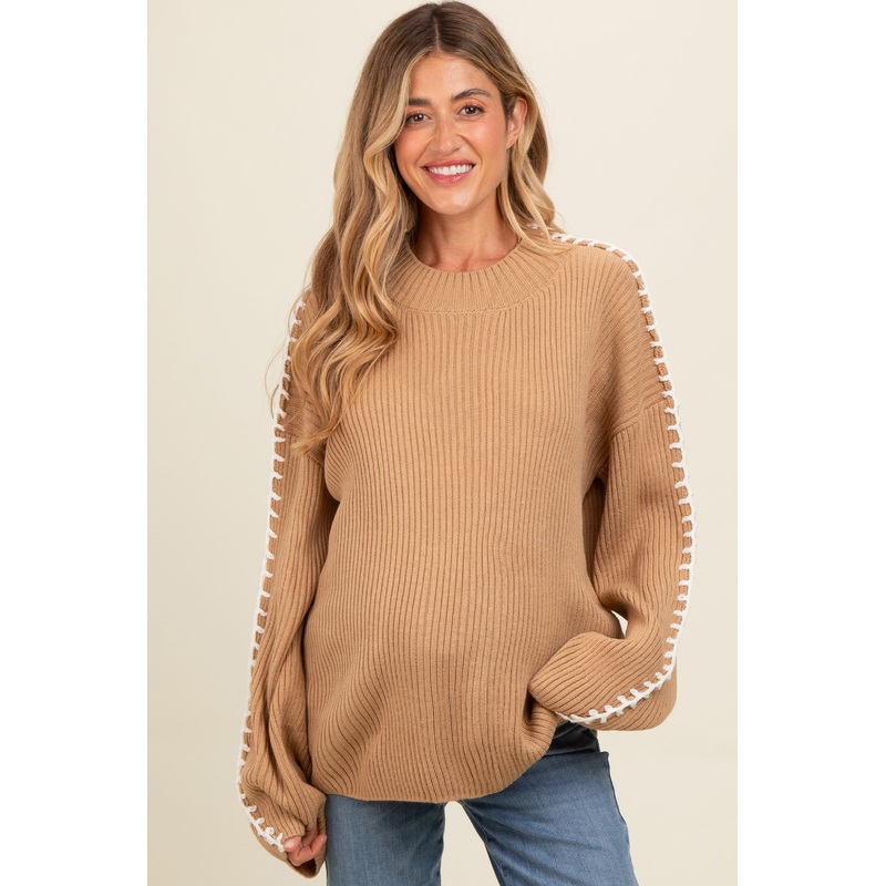 Taupe Contrast Stitch Maternity Sweater