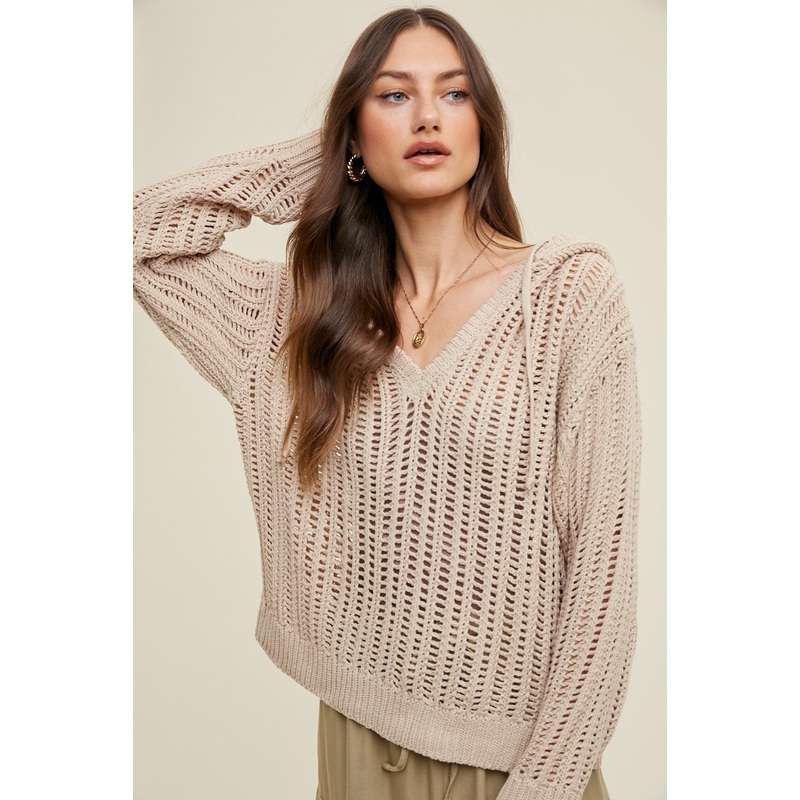 Taupe Open Knit Hooded Sweater