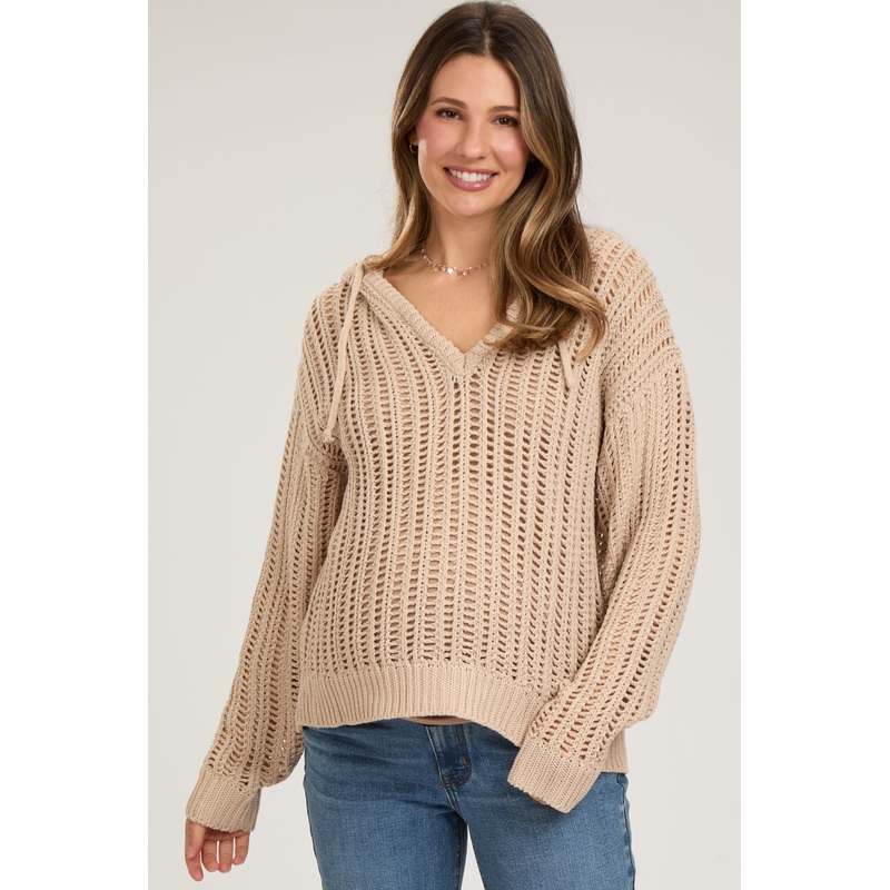 Taupe Open Knit Maternity Hooded Sweater