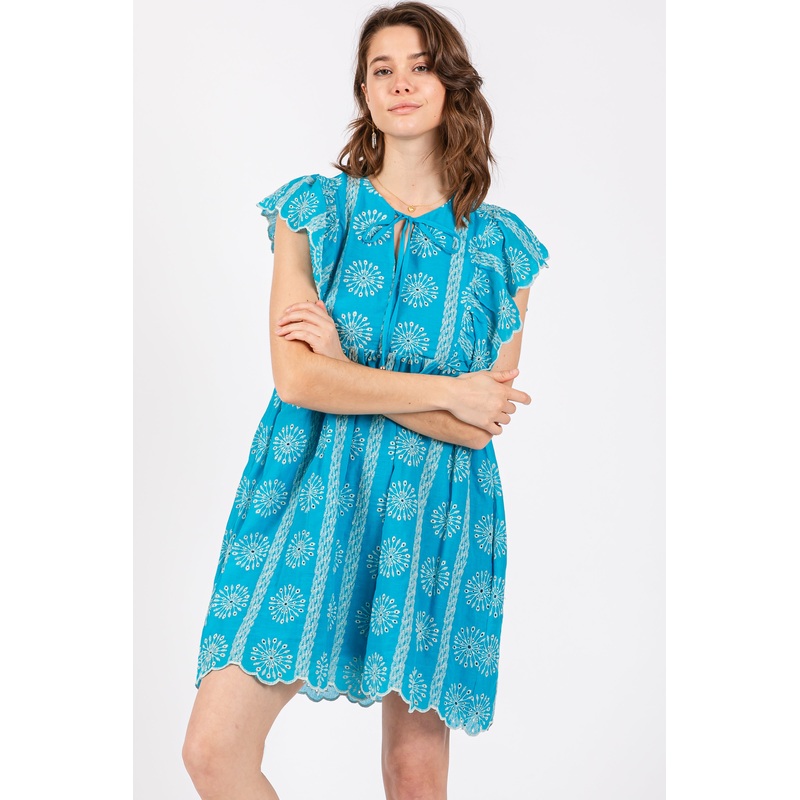 Turquoise Embroidered Flutter Sleeve Dress