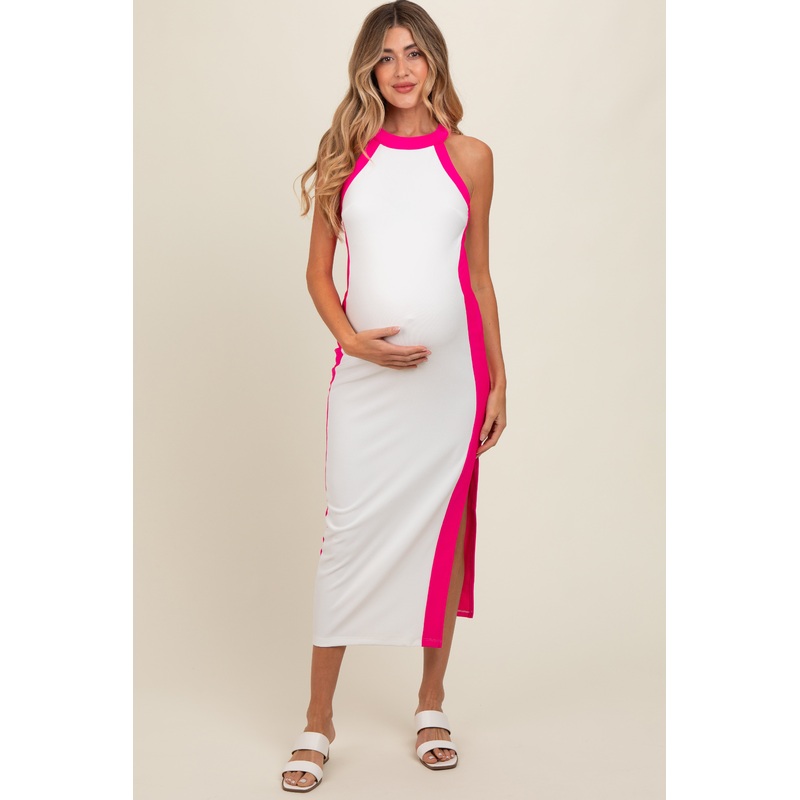 White Colorblock Trim Maternity Midi Dress
