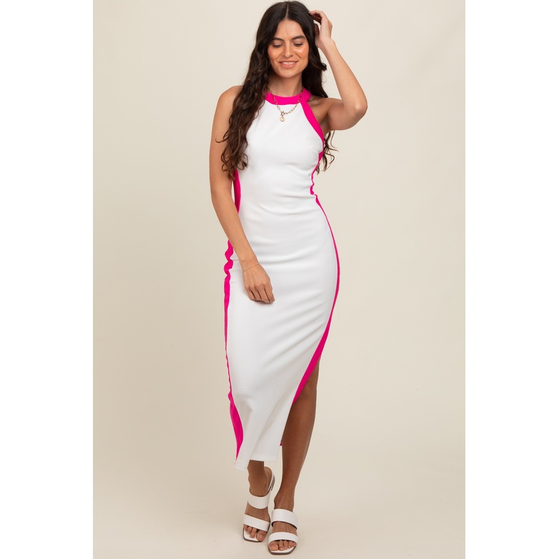 White Colorblock Trim Midi Dress