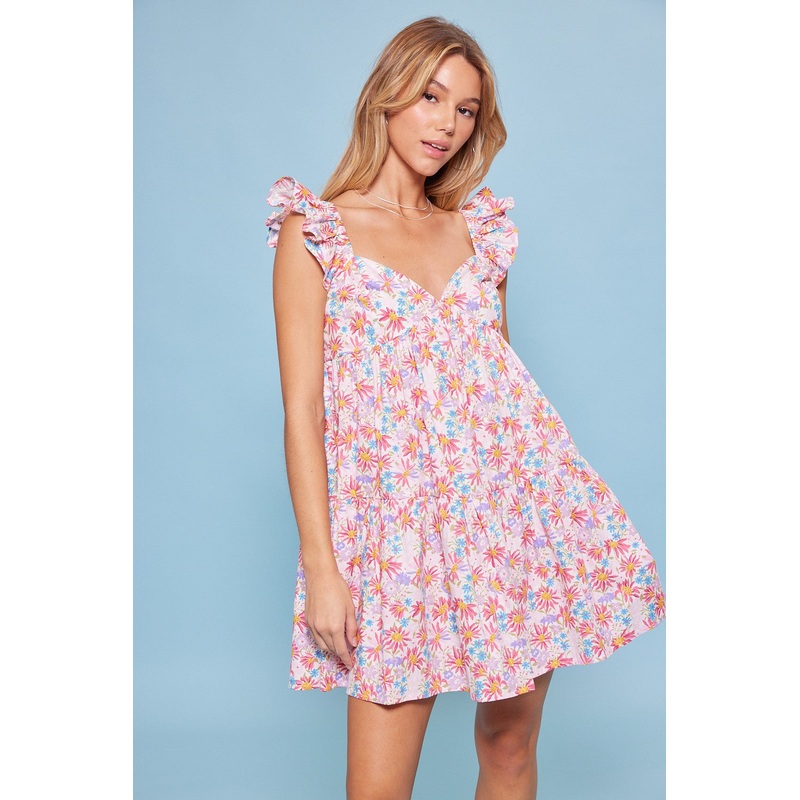 White Pink Flower Print Heart Shape Bodice Baby Doll Dress