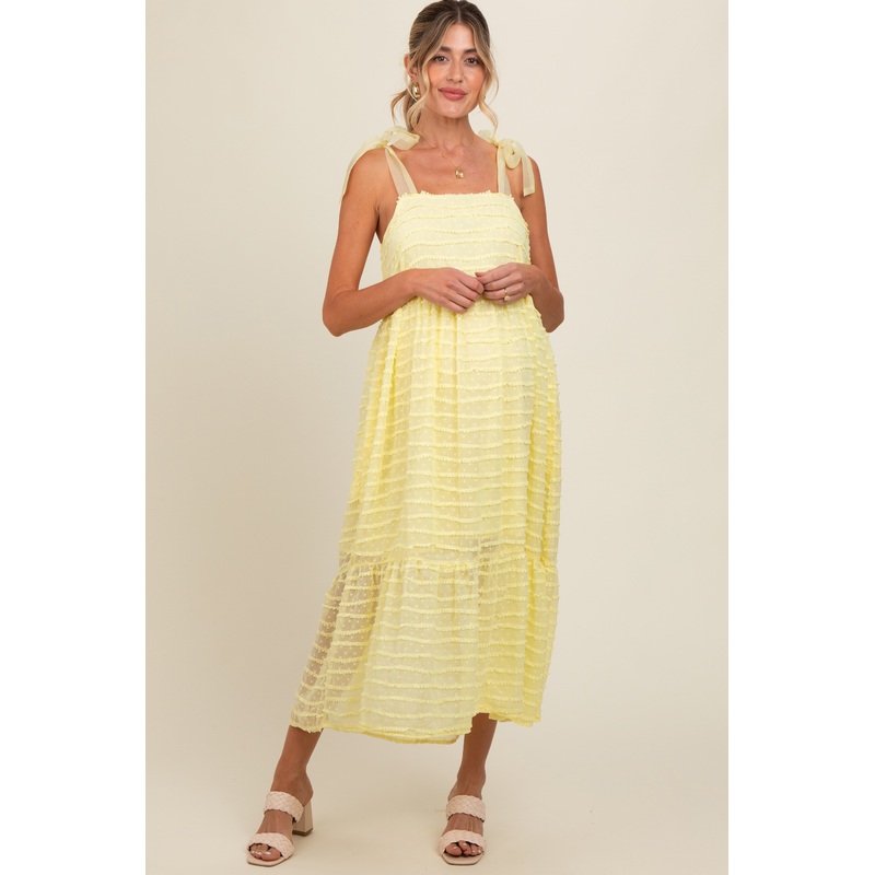 Yellow Textured Shoulder Tie Maternity Midi Dress