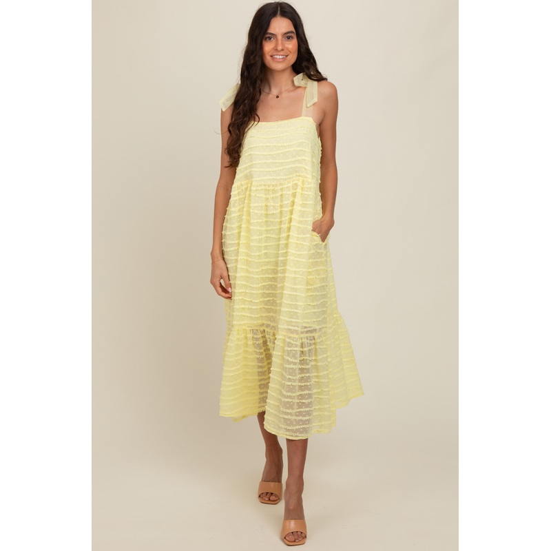 Yellow Textured Shoulder Tie Midi Dress