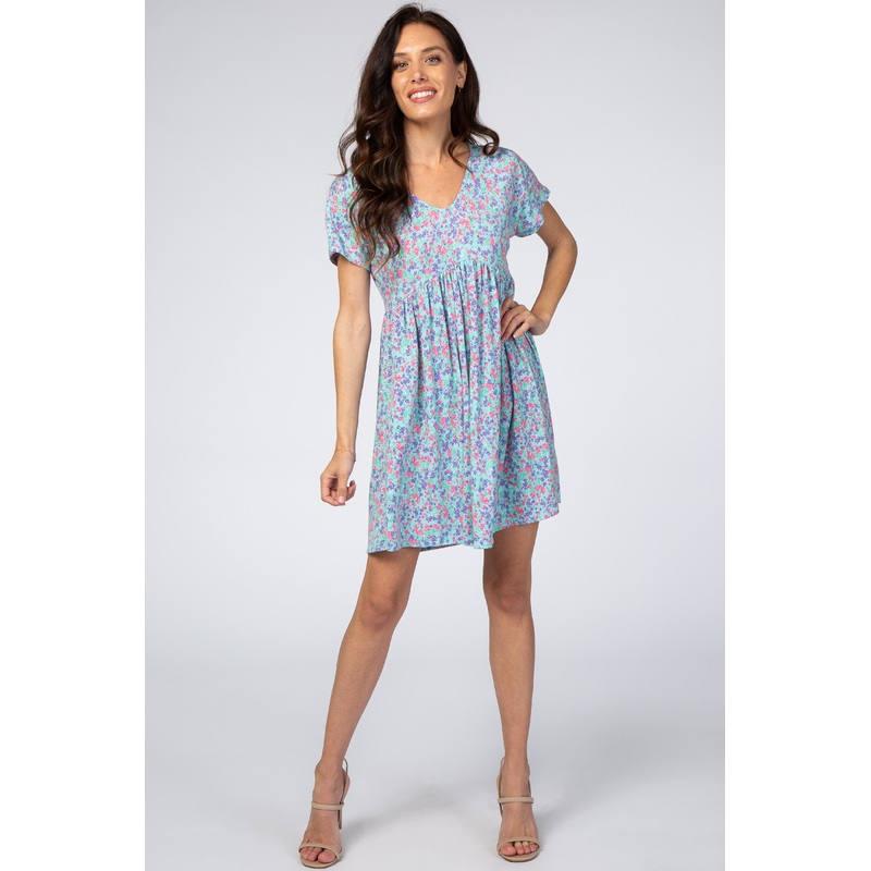 Aqua Floral Short Sleeve Dress