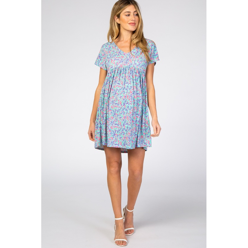 Aqua Floral Short Sleeve Maternity Dress