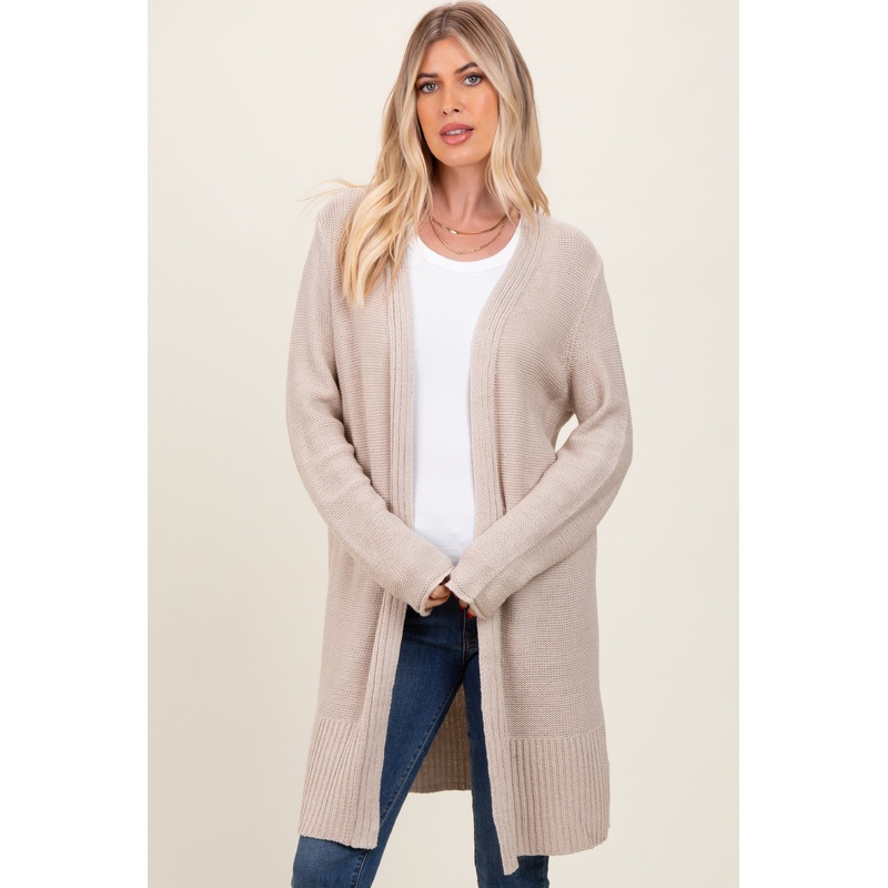 Beige Contrast Rib Long Open Cardigan