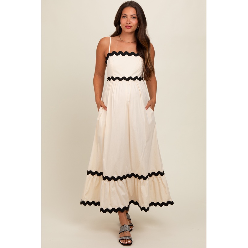 Beige Contrast Wavy Trim Maternity Maxi Dress