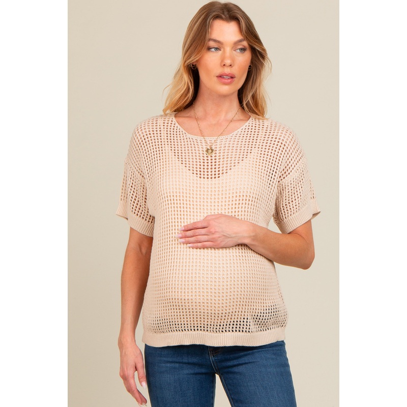 Beige Open Knit Maternity Sweater Top