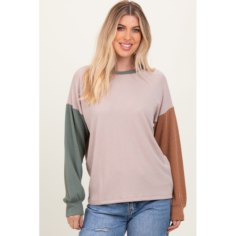 Beige Ribbed Colorblock Sleeve Long Sleeve Top
