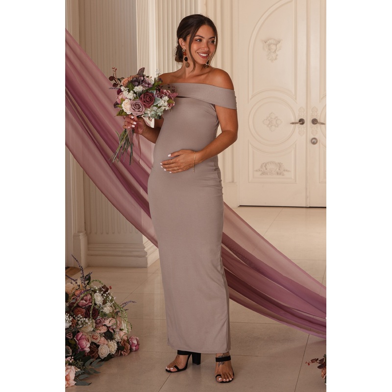 Beige Strapless Low Back Maternity Maxi Dress