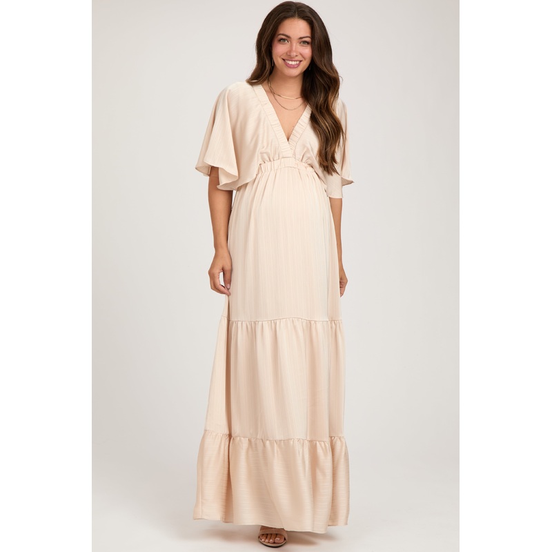 Beige V-Neck Flutter Sleeve Tiered Maternity Maxi Dress