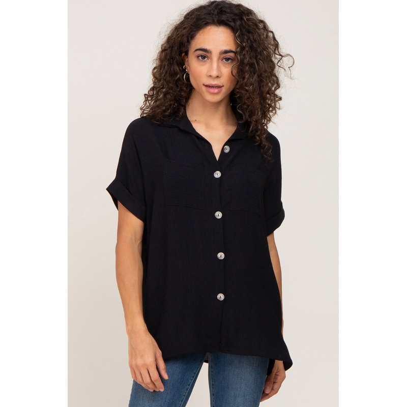 Black Collared Button-Down Short Sleeve Blouse