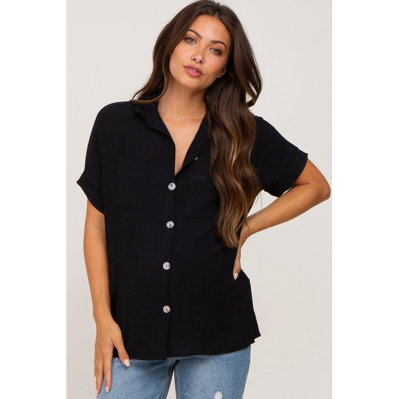 Black Collared Button-Down Short Sleeve Maternity Blouse
