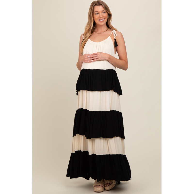 Black Colorblock Tiered Maternity Maxi Dress