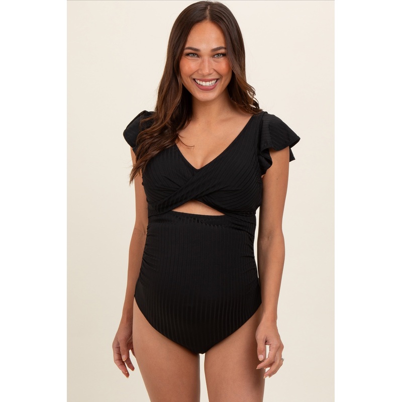 Black Ribbed Ruched Cutout Flutter One Piece Maternity Swimsuit