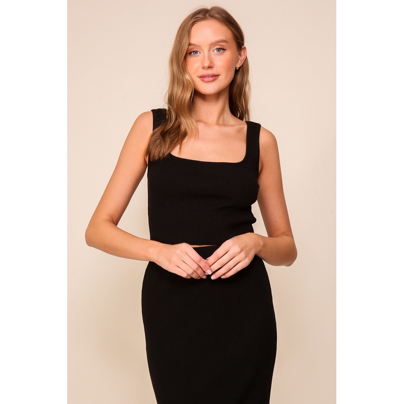 Black Ribbed Square Neck Sleeveless Crop Skirt Set